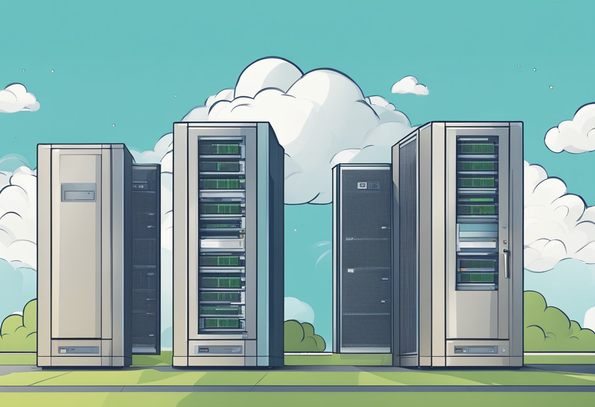 A large cloud server towering over a smaller on-premise server, with a scale underneath comparing their respective costs