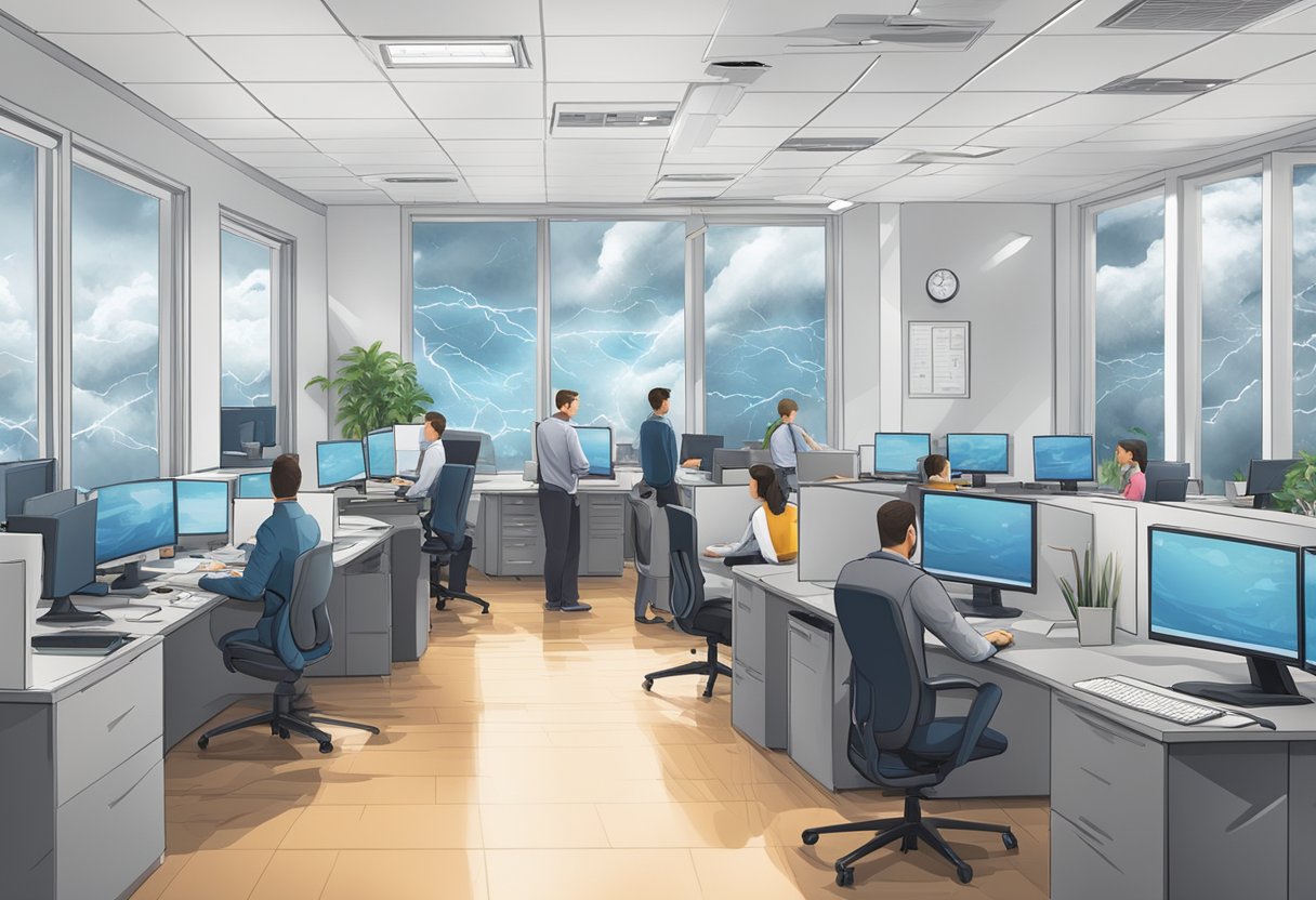 A bustling office with workers relying on cloud servers for seamless business operations during a storm