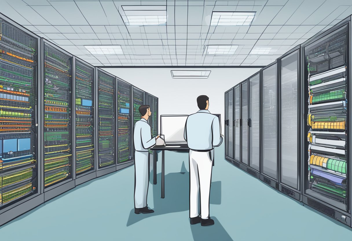 A server room with rows of cloud servers, backup systems, and disaster recovery plans displayed on a whiteboard. The room is well-lit and organized, with technicians monitoring the systems