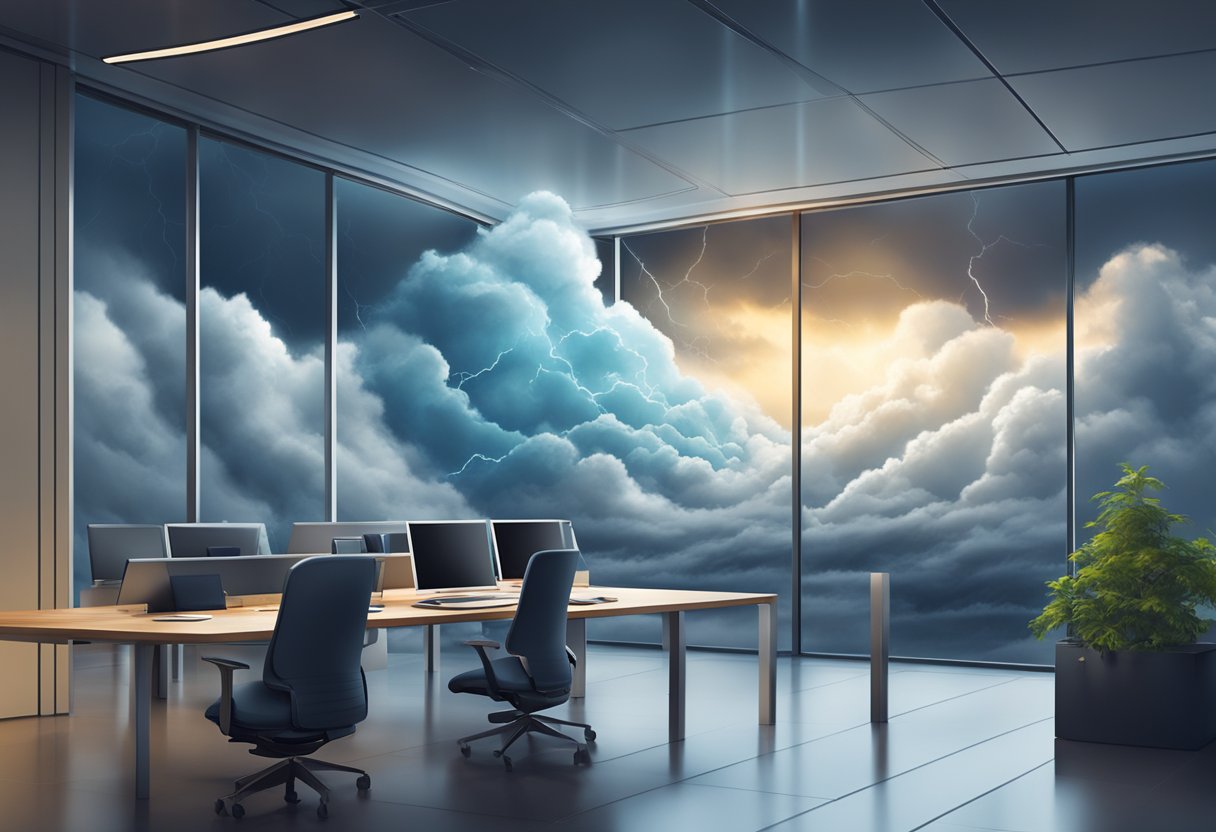 A storm rages outside as a sleek, modern cloud server hums quietly in a secure, well-lit room, ensuring seamless business continuity and disaster recovery