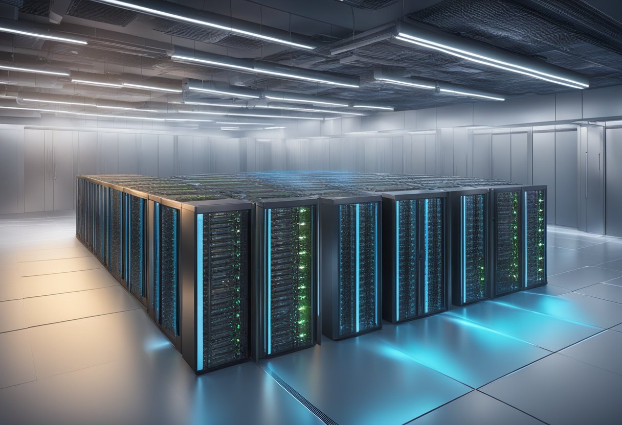 A server room with rows of optimized cloud servers humming with activity, surrounded by cooling systems and neatly organized cables