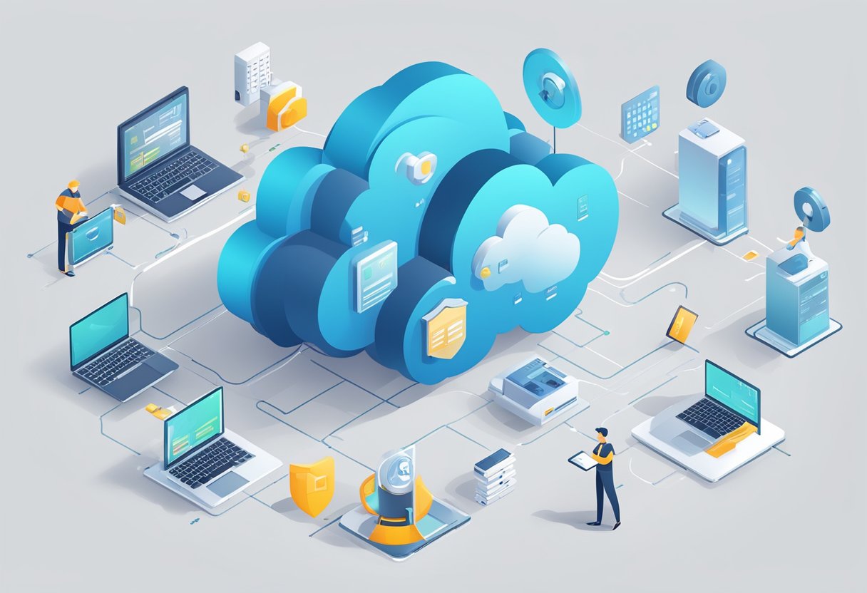 A cloud server surrounded by security measures, compliance checks, and maintenance tools, all working together to optimize performance