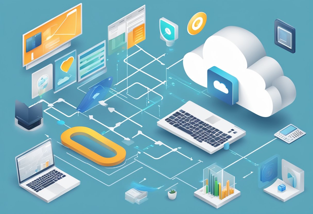 A cloud server surrounded by optimization tools and techniques, with arrows pointing towards it, symbolizing the process of maximizing performance