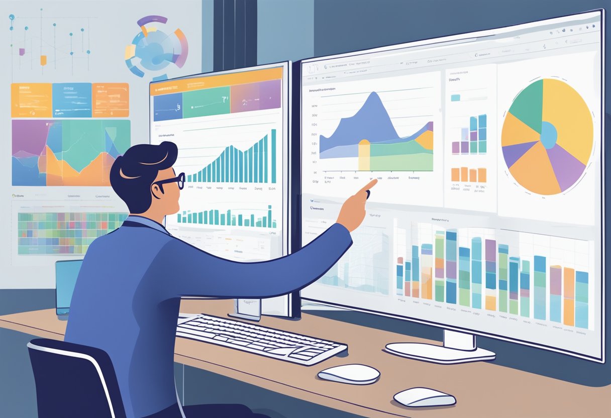 A person comparing features of different cloud server providers on a computer screen, surrounded by charts and graphs