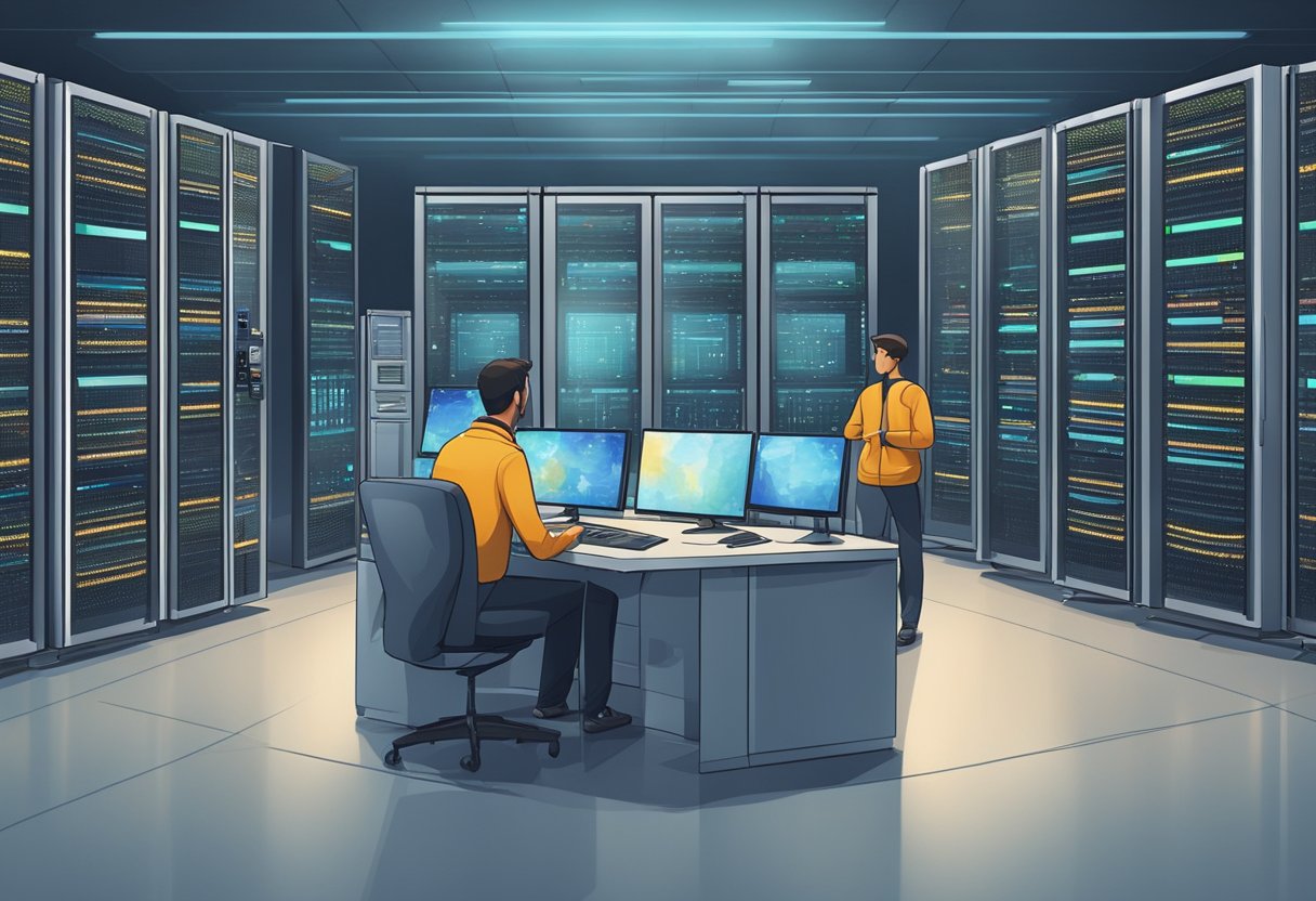 A server room with rows of sleek, modern cloud servers humming quietly, surrounded by technicians monitoring screens and conducting maintenance