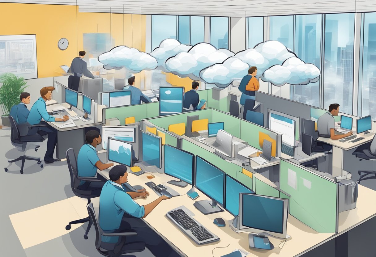 A bustling office with employees working seamlessly as data flows through a cloud server, symbolizing successful implementations and future business implications