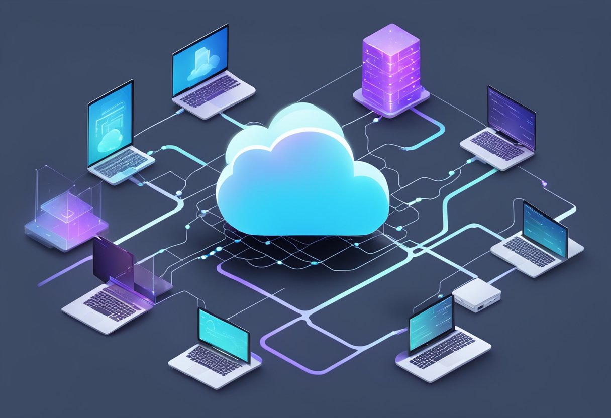 A cloud server surrounded by glowing data streams, with multiple devices accessing it