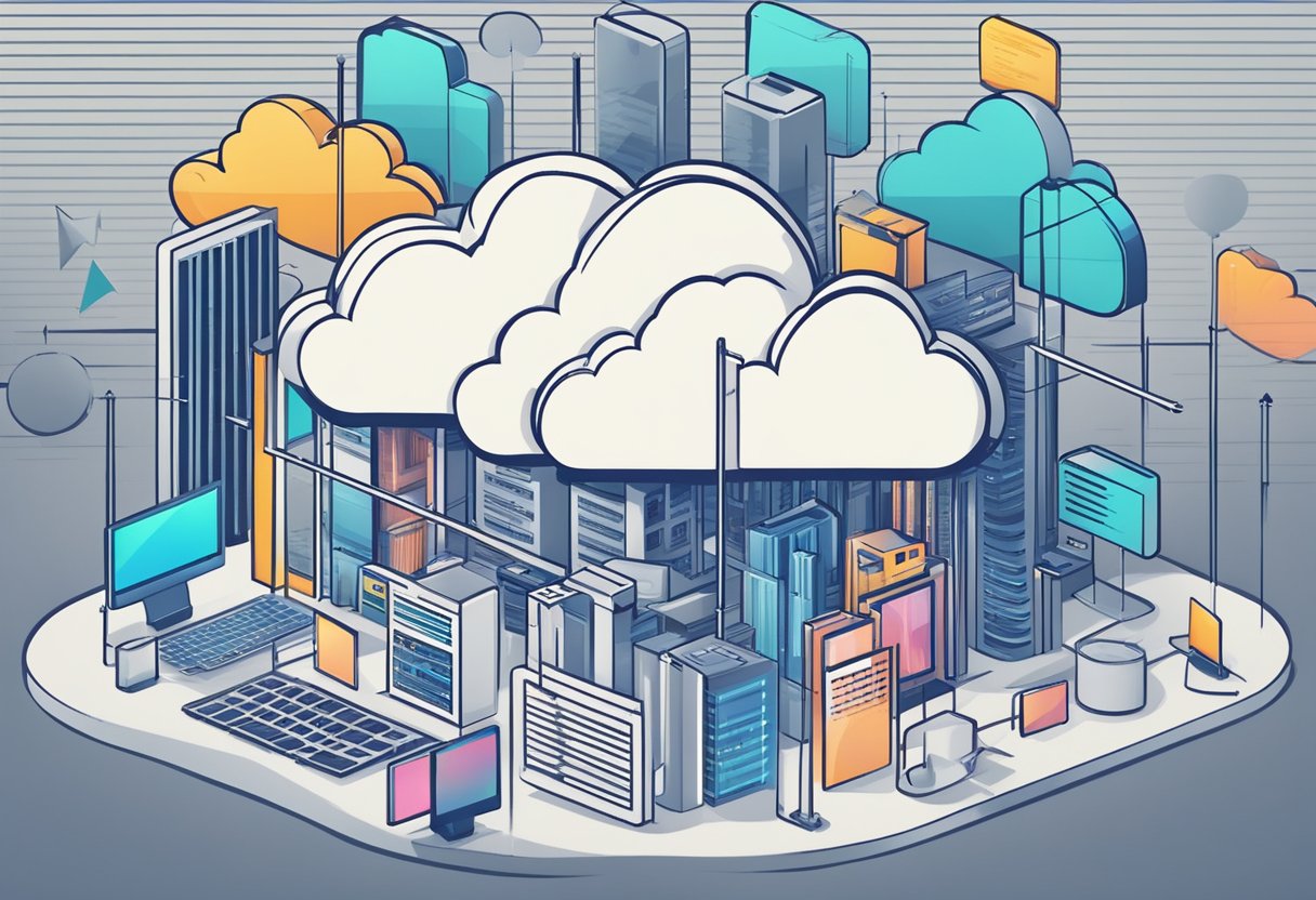 A cloud server surrounded by security measures and compliance regulations, with arrows pointing upwards representing business growth