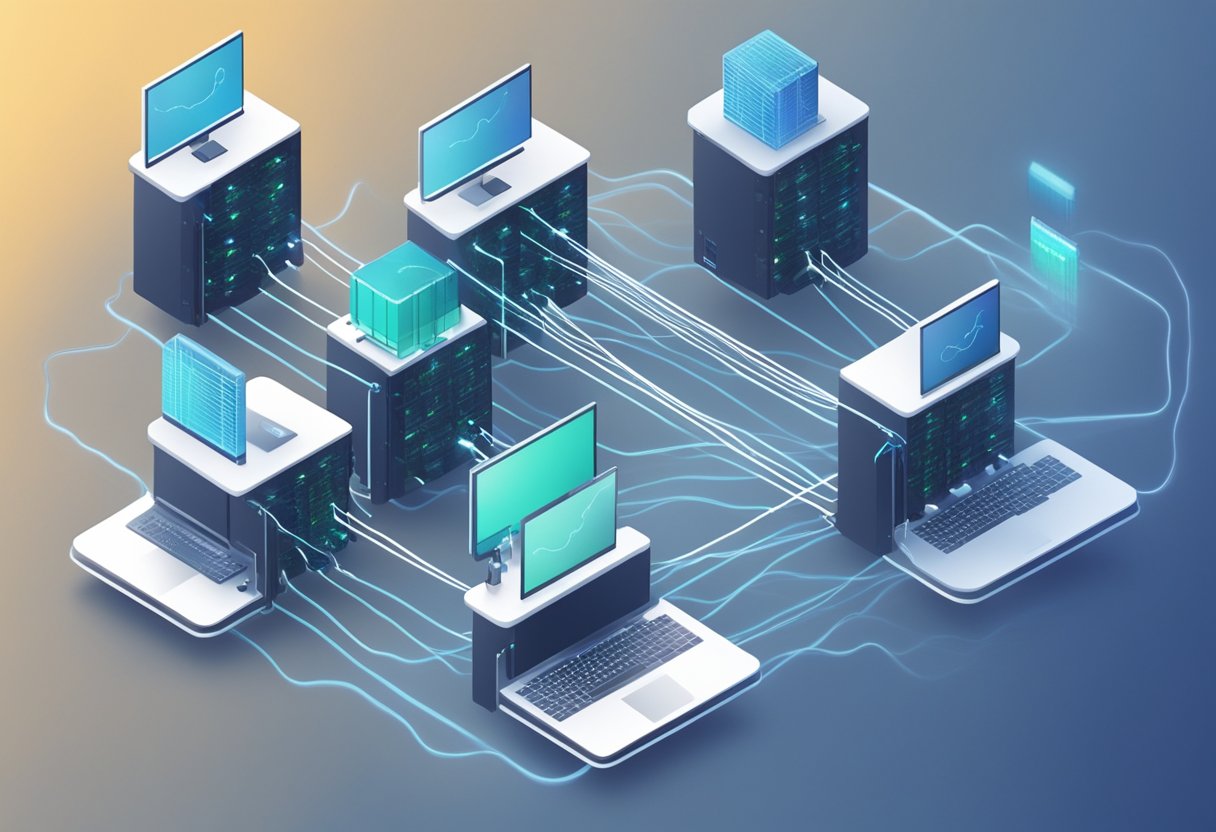 A group of interconnected cloud servers with data flowing between them, representing the scaling of a business