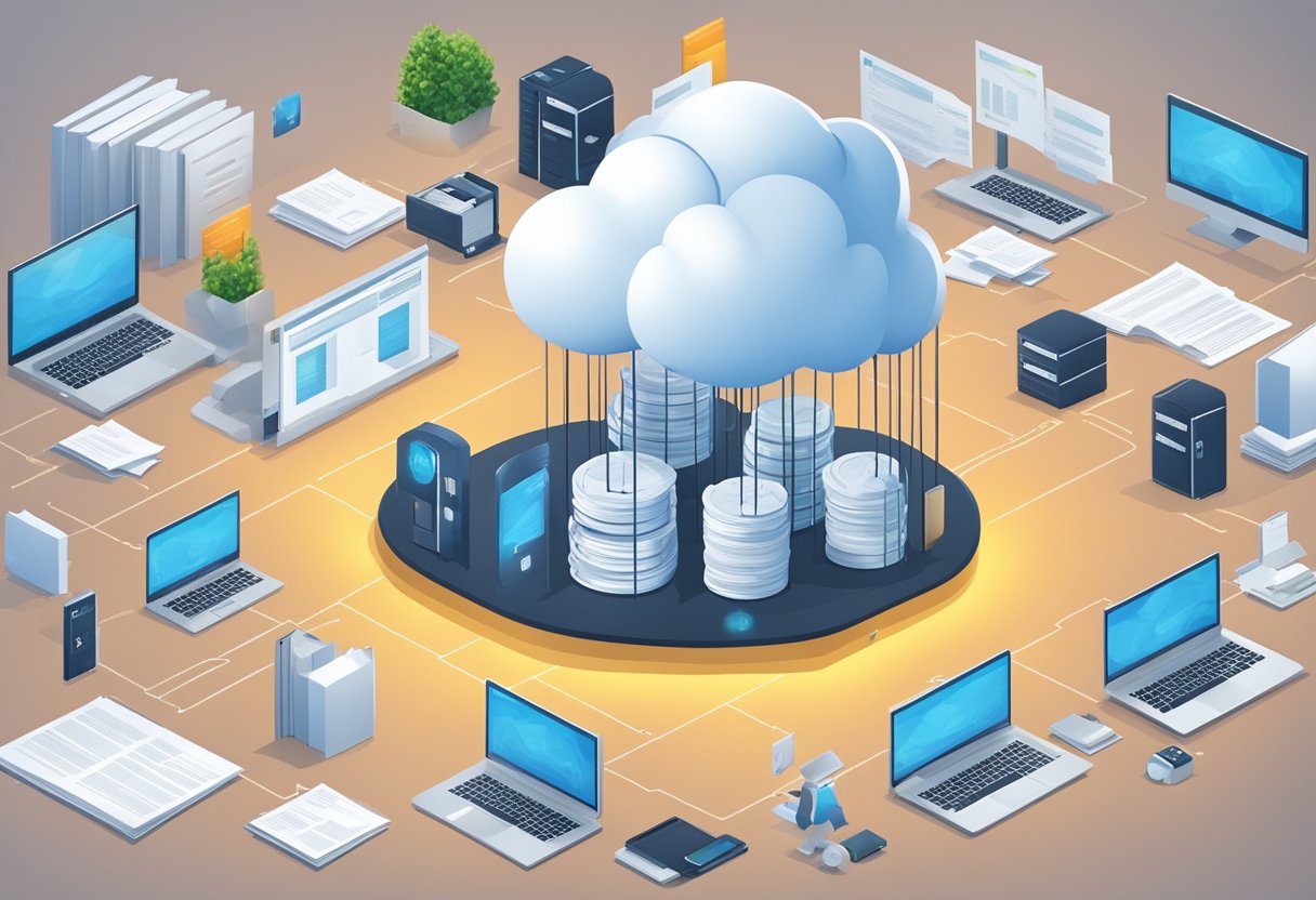 A cloud server surrounded by legal documents and compliance guidelines. Security locks and monitoring systems in place