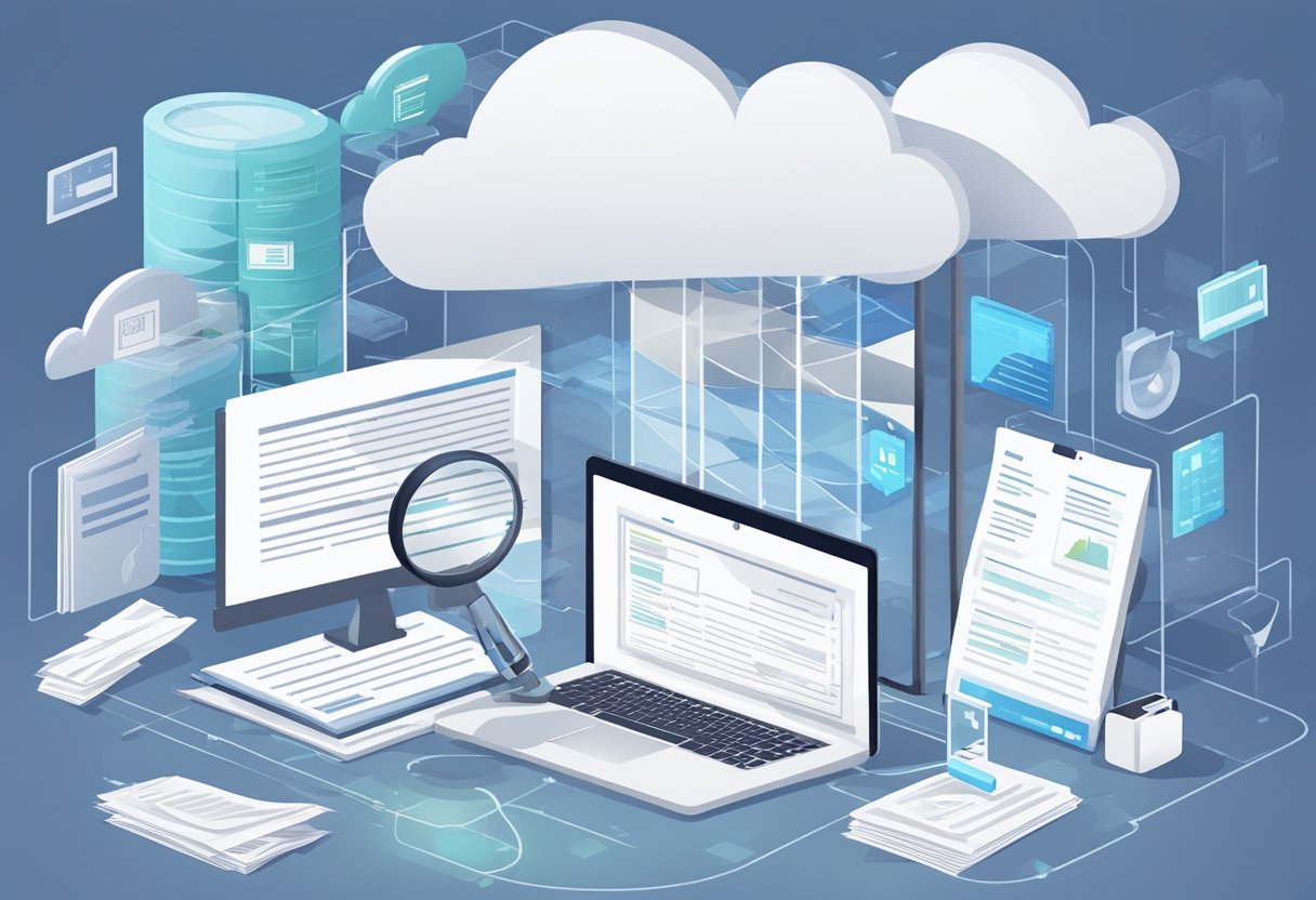 A cloud server surrounded by regulatory documents and compliance checklists, with a magnifying glass highlighting specific details