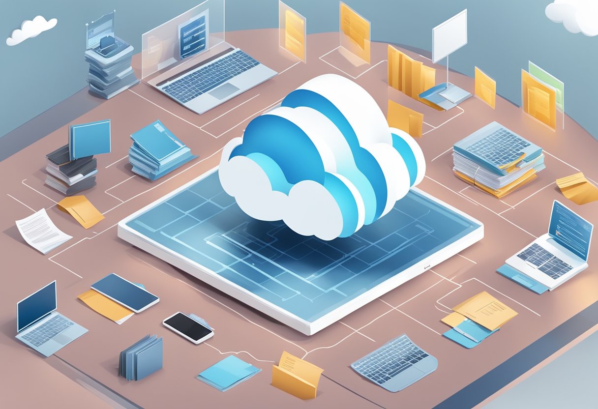 A cloud server surrounded by legal documents and compliance regulations