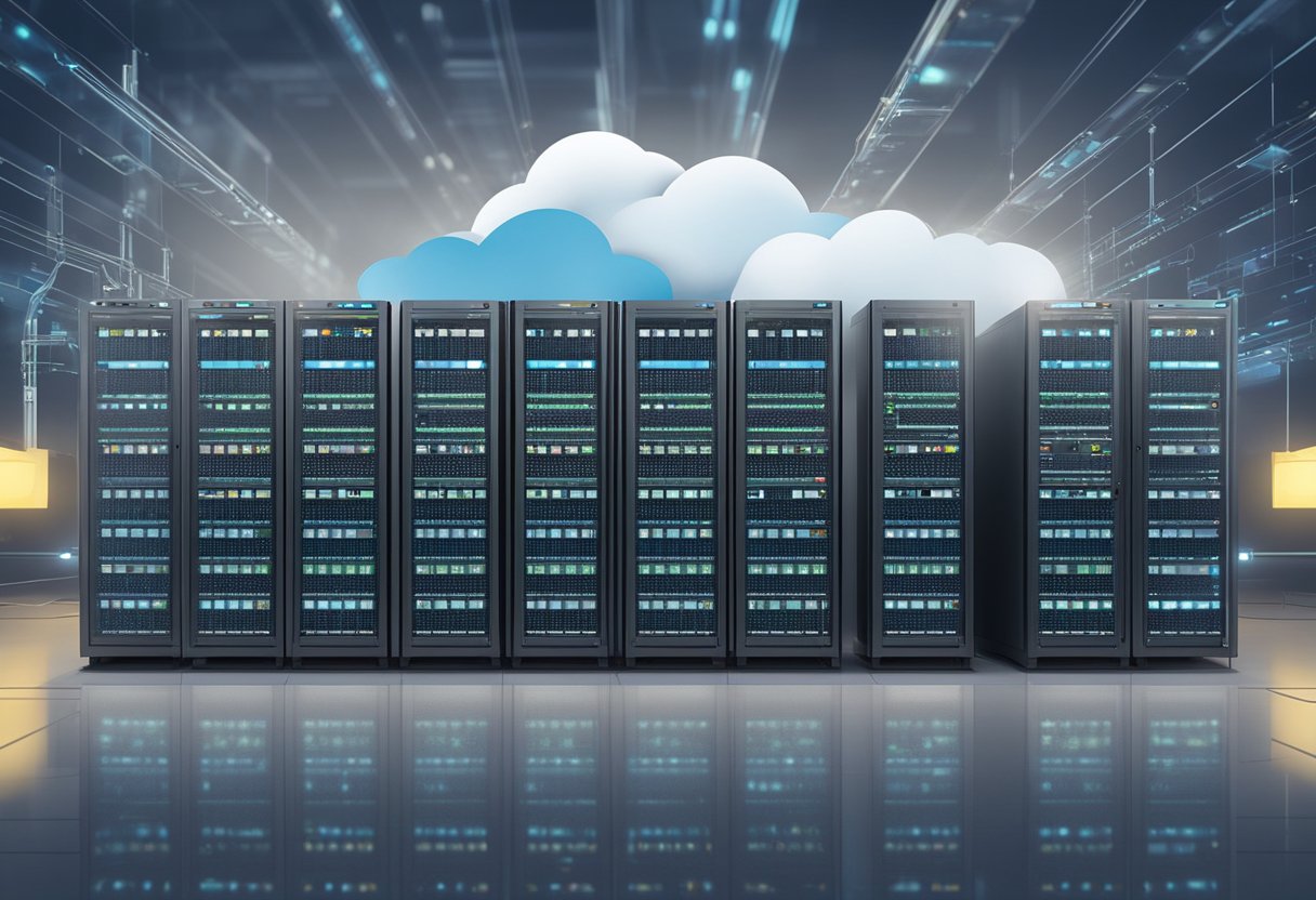 A row of cloud servers, each with customizable features, displayed against a backdrop of technological infrastructure