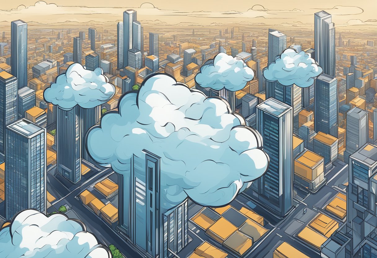 A group of cloud servers hovering above a cityscape, connecting to various devices and enabling seamless remote work for individuals in different locations