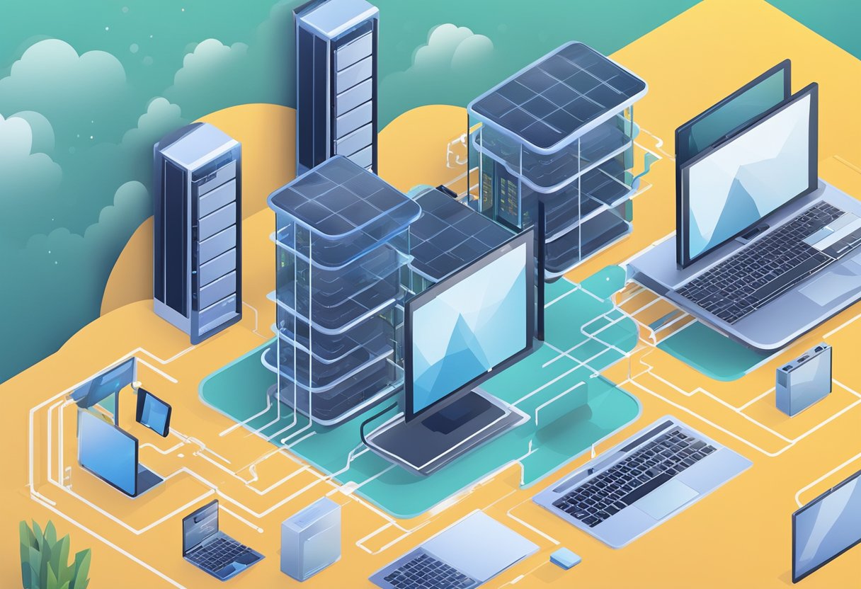 A group of cloud servers connected to various devices, facilitating remote work