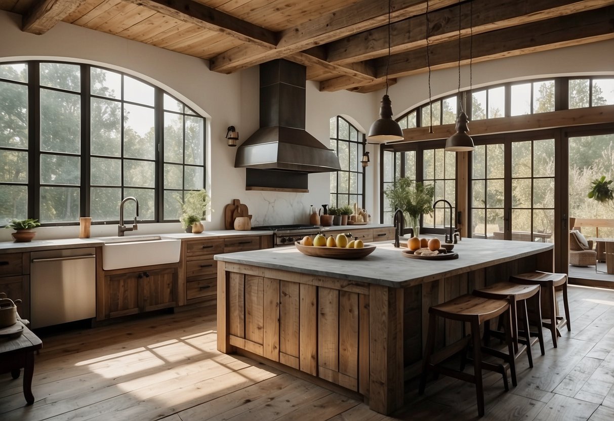A spacious kitchen with exposed reclaimed wood beams, modern rustic decor, and natural light streaming in through large windows