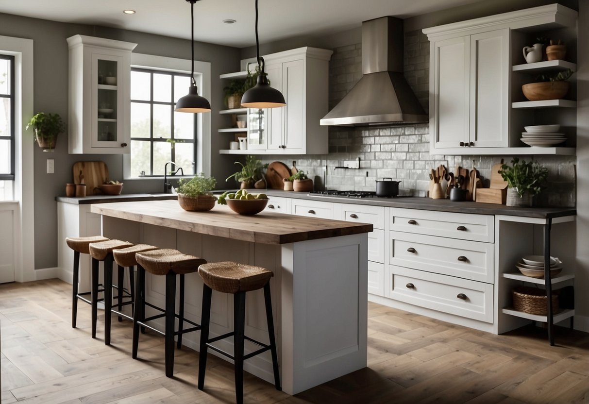 Distressed white cabinets stand against a backdrop of rustic modern kitchen elements, creating a cozy and inviting atmosphere