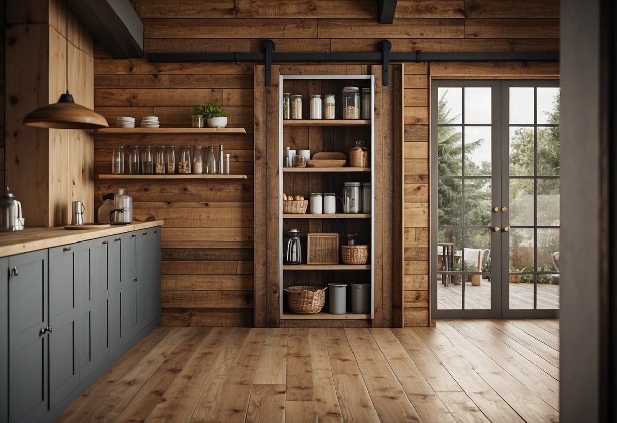 A rustic barn door pantry stands in a modern kitchen, surrounded by rustic decor and natural light