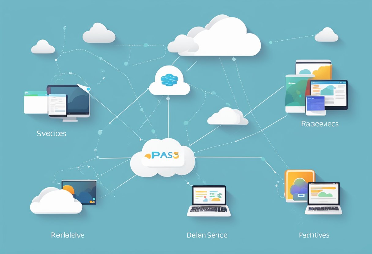 A diagram showing three distinct types of cloud services: IaaS, PaaS, and SaaS, each represented with unique visual elements and labeled accordingly