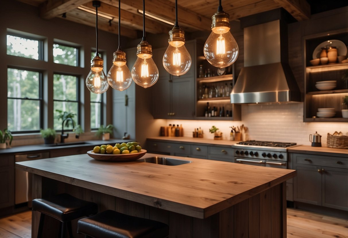 Warm light glows from Edison bulb pendant lights in a rustic modern kitchen. Exposed wood beams and sleek appliances create a cozy yet contemporary atmosphere