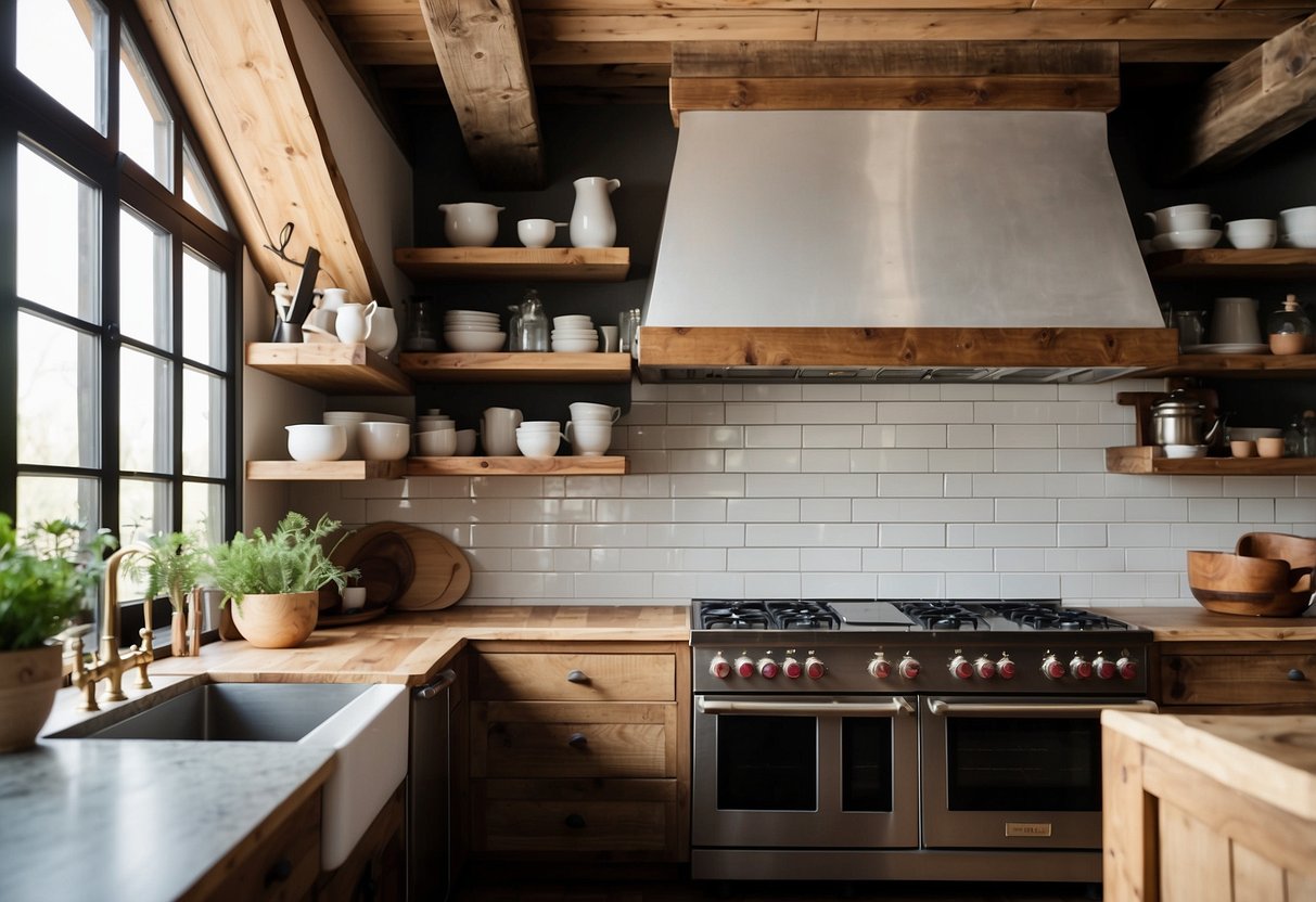 A farmhouse-style range hood hangs above a rustic modern kitchen with exposed wooden beams, open shelving, and a large farmhouse sink