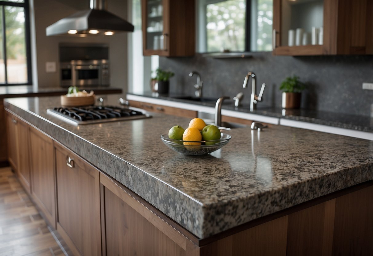 Rough-edged granite countertops in a modern kitchen with rustic elements