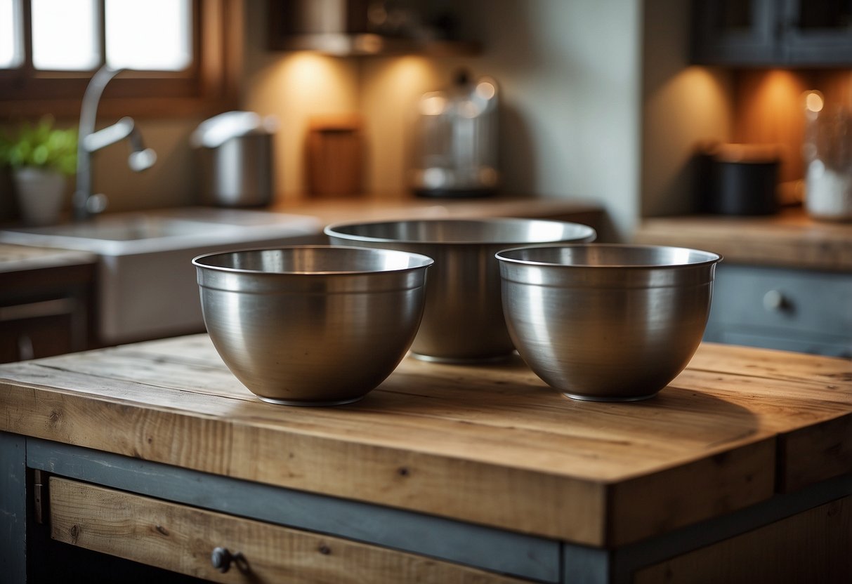 Three aged metal mixing bowls sit on a wooden kitchen counter, surrounded by rustic modern decor