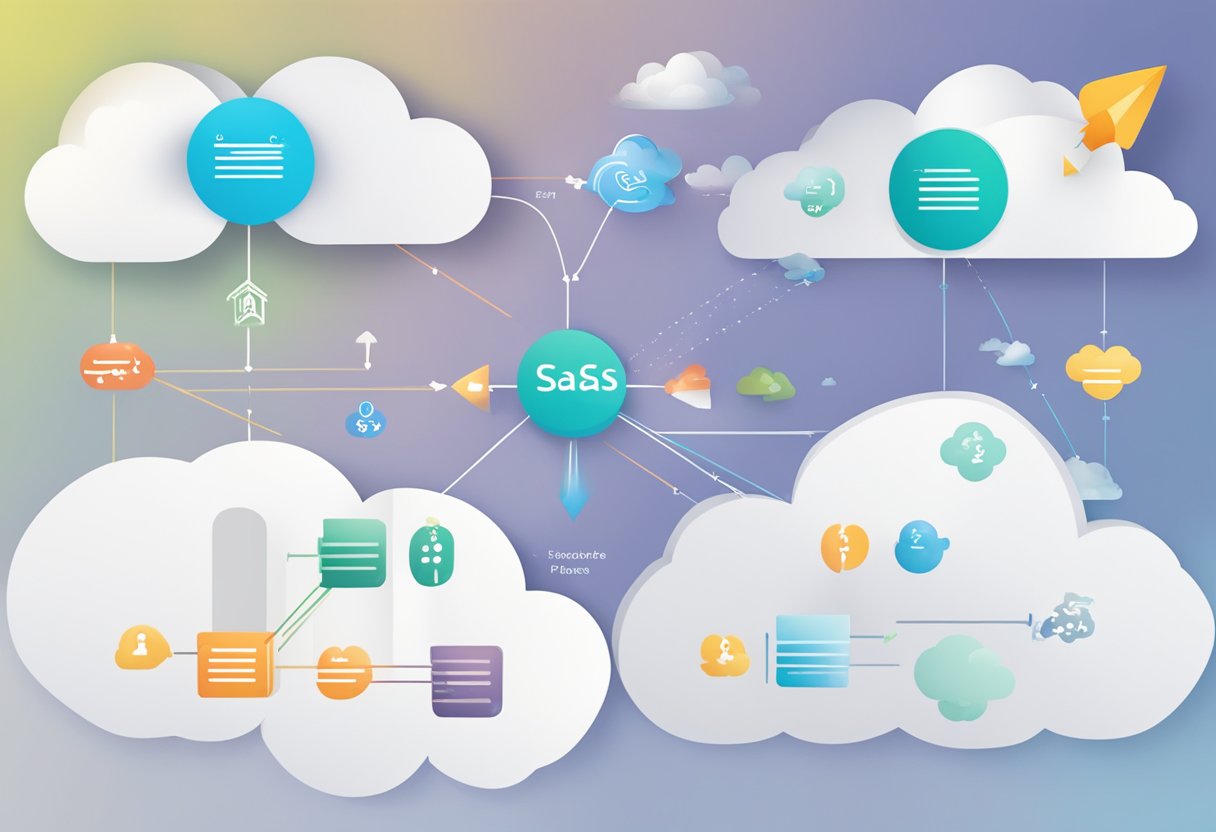 A diagram showing IaaS, PaaS, and SaaS as separate clouds with arrows indicating their relationships