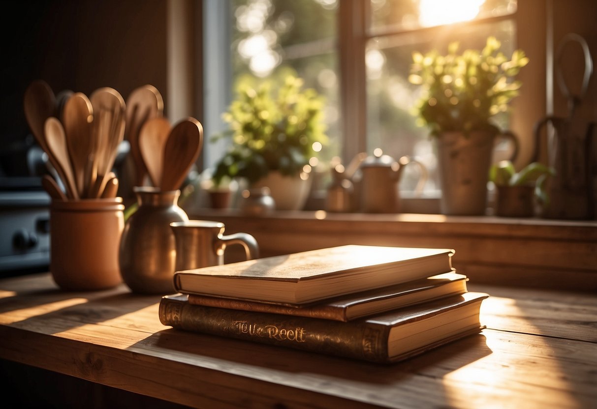 A vintage recipe book stand sits on a wooden countertop, surrounded by rustic kitchen utensils and modern appliances. The warm sunlight filters through the window, casting a cozy glow over the scene