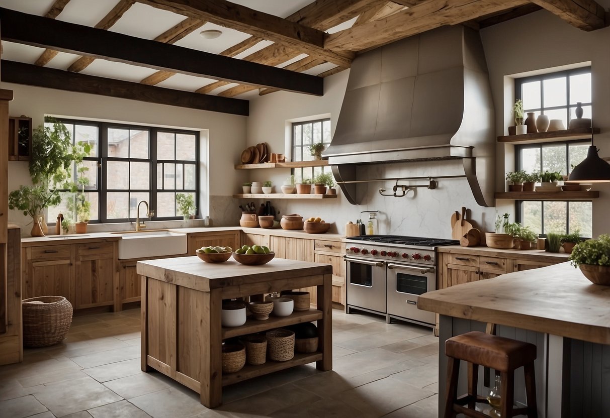 A spacious kitchen with exposed wooden beams, sleek stainless steel appliances, and a mix of natural materials like stone and wood. A large farmhouse sink and open shelving add to the rustic modern aesthetic
