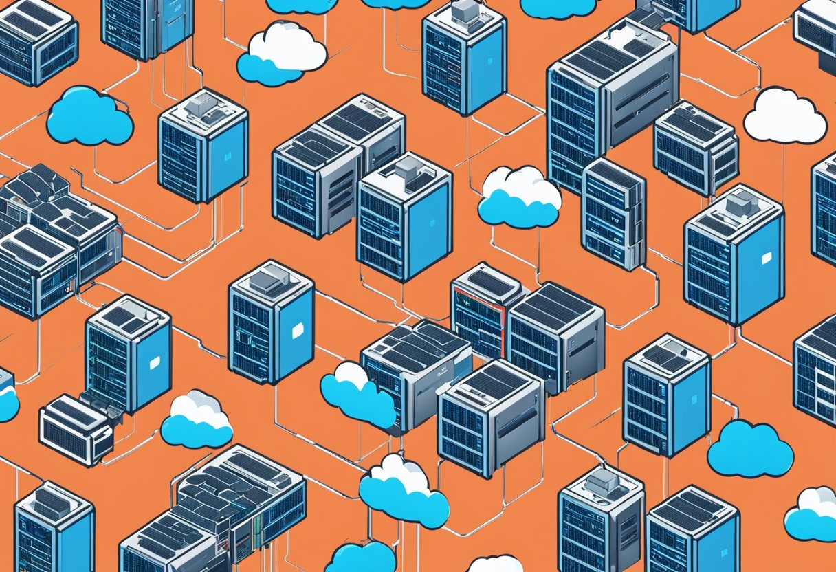 Multiple cloud servers interconnected with lightning bolts symbolizing high availability and uptime. Redundant systems and data backups visible