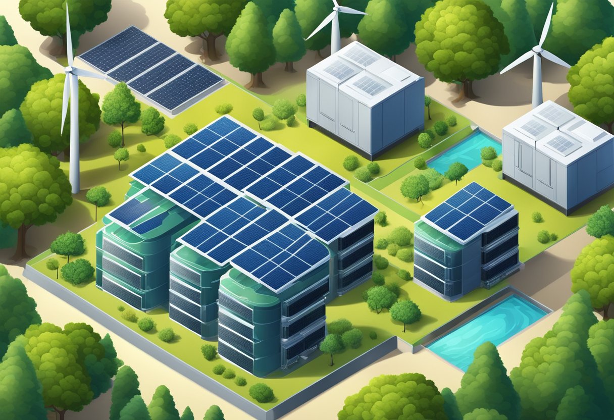 A server farm surrounded by renewable energy sources, with trees and wildlife thriving nearby