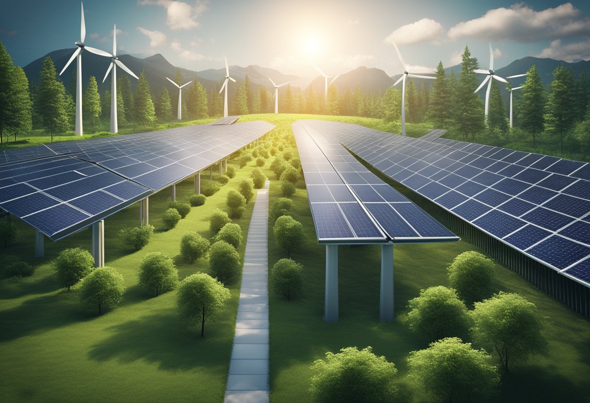 A server farm surrounded by lush greenery, with solar panels and wind turbines providing renewable energy. Data centers are equipped with energy-efficient cooling systems