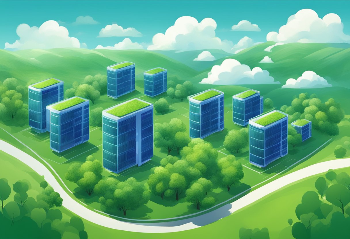 A lush green landscape with a clear blue sky, featuring a cluster of cloud servers emitting minimal environmental impact