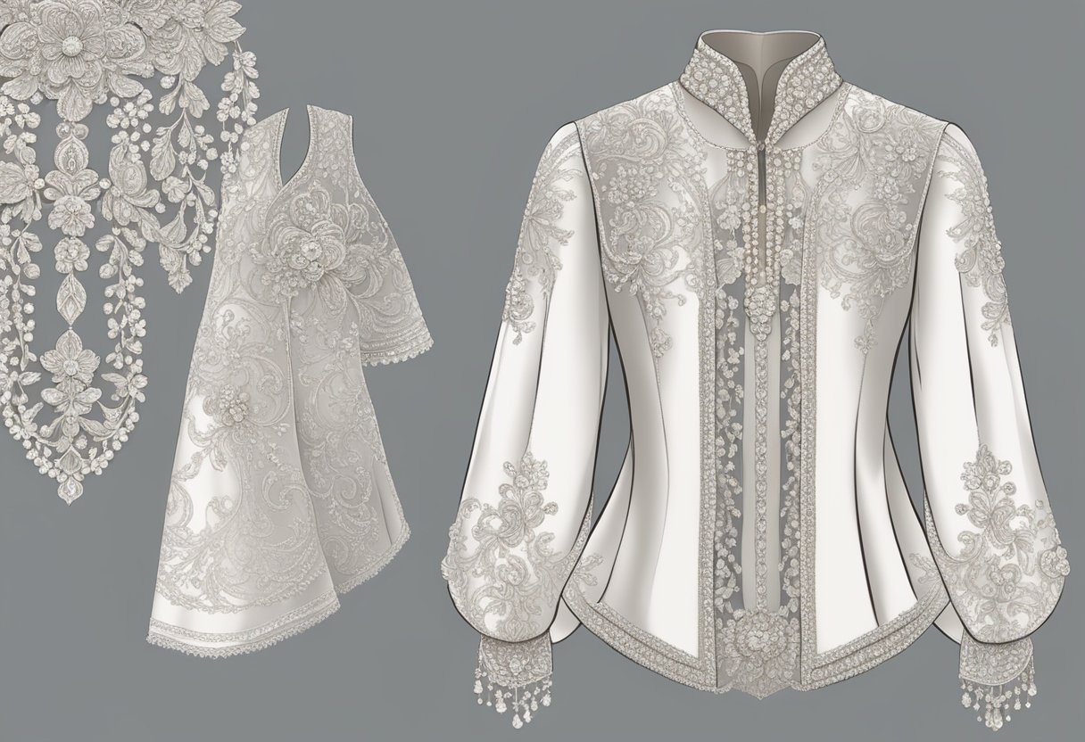 A bridal blouse with intricate embroidery, delicate lace, and ornate beading