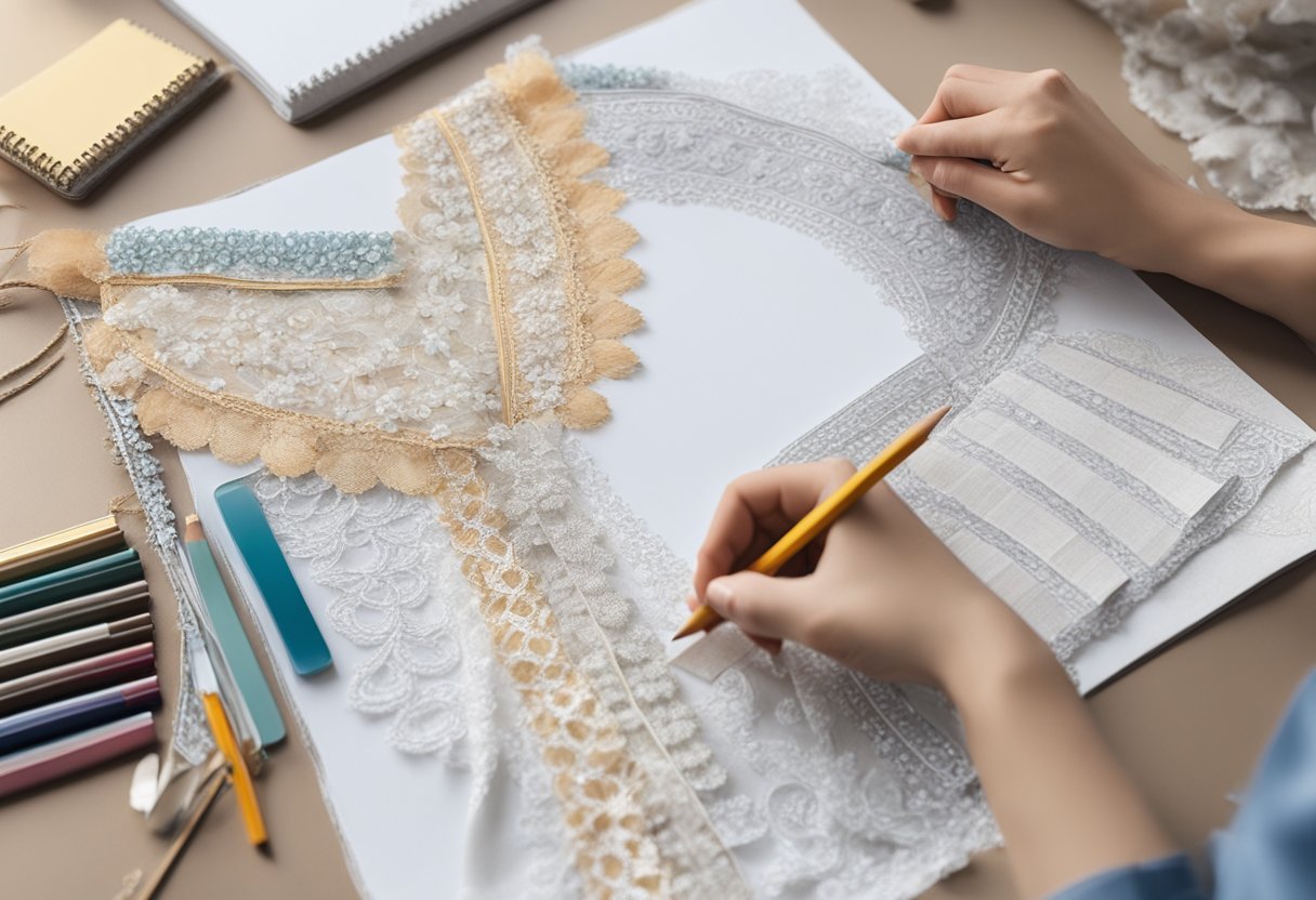 A table covered in fabric swatches and lace trimmings, with a sketchbook and pencil, as a designer creates custom bridal blouse designs