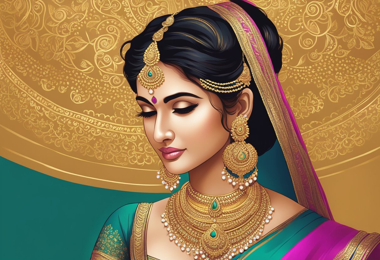 A traditional South Indian bridal look with elaborate gold jewelry, intricate henna designs, and vibrant silk saree