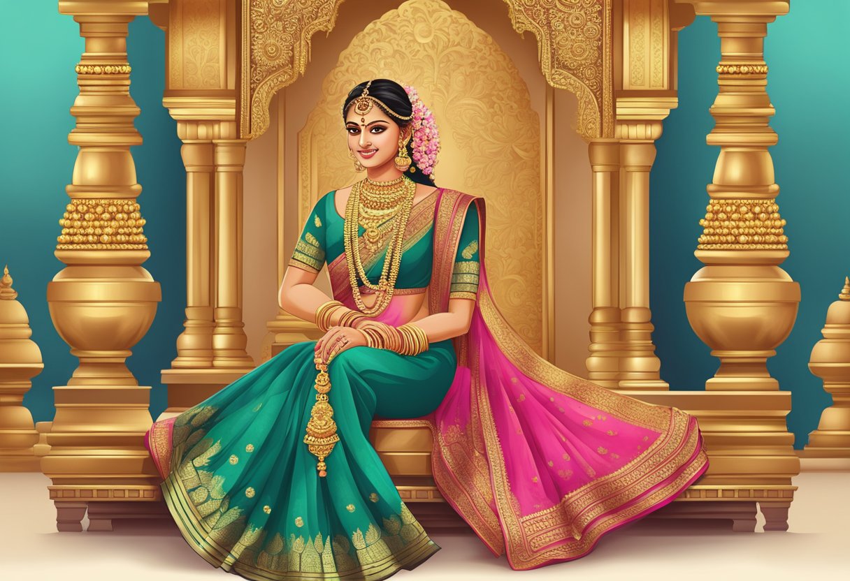 A traditional South Indian bridal look with intricate gold jewelry, vibrant silk saree, and elaborate floral hair decorations in a ceremonial setting