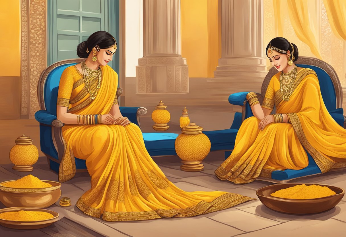 Yellow turmeric paste applied on sarees, symbolizing blessings and purification in a vibrant haldi ceremony