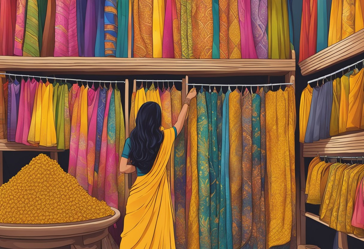 A woman carefully choosing a vibrant yellow Haldi saree from a rack of colorful fabrics in a bustling Indian market