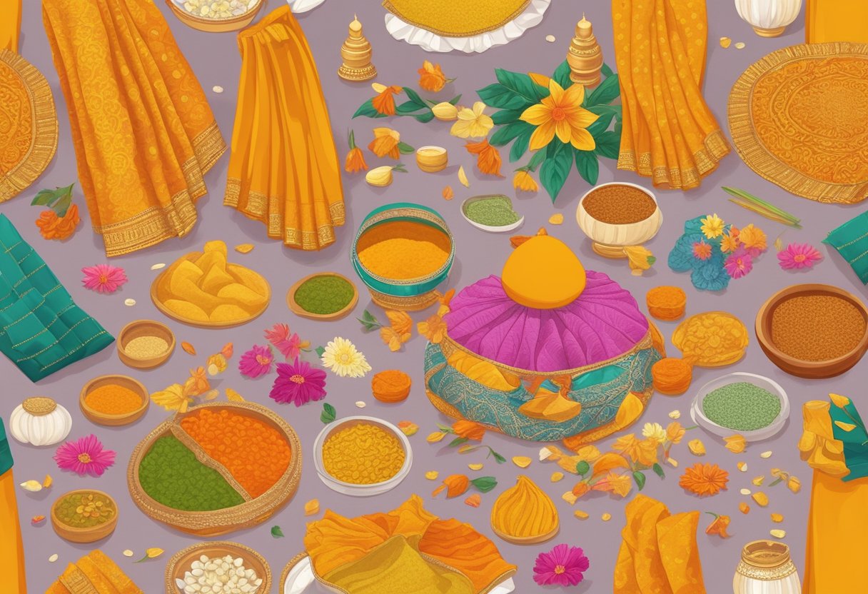 Brightly colored haldi ceremony sarees laid out neatly with delicate embroidery and intricate designs, surrounded by traditional accessories and fragrant flower petals