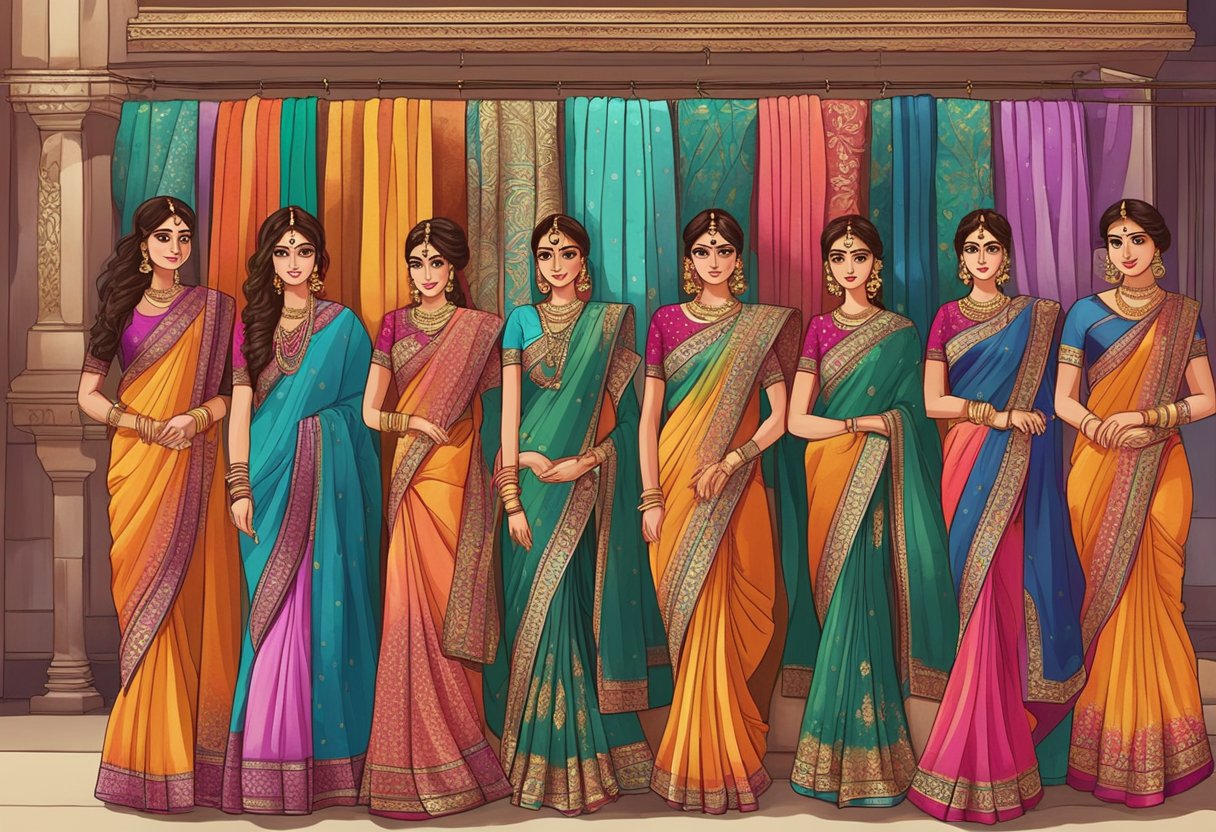 A colorful array of contemporary sarees displayed in a vibrant shop, with intricate designs and embellishments. Mannequins adorned in elegant Rakshabandhan sarees catch the eye