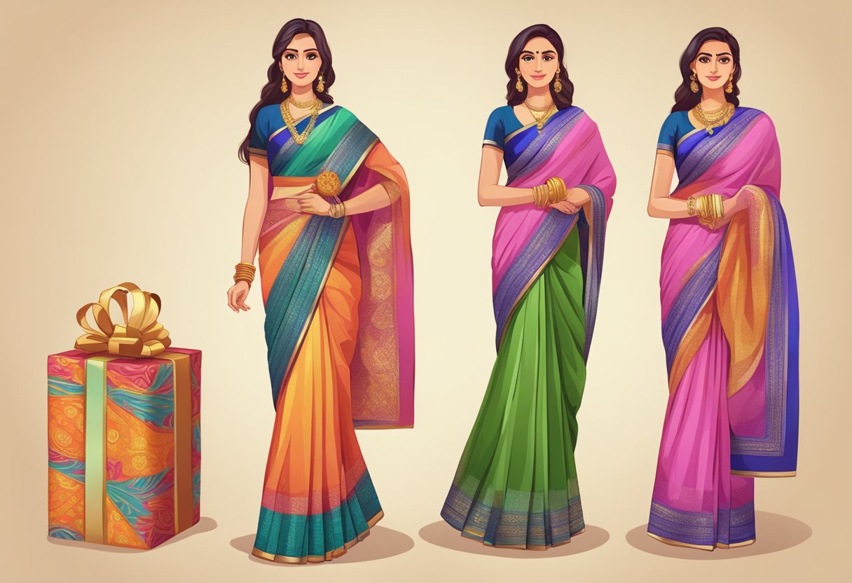 A woman presents a beautifully wrapped saree as a gift, with various price tags and options displayed nearby