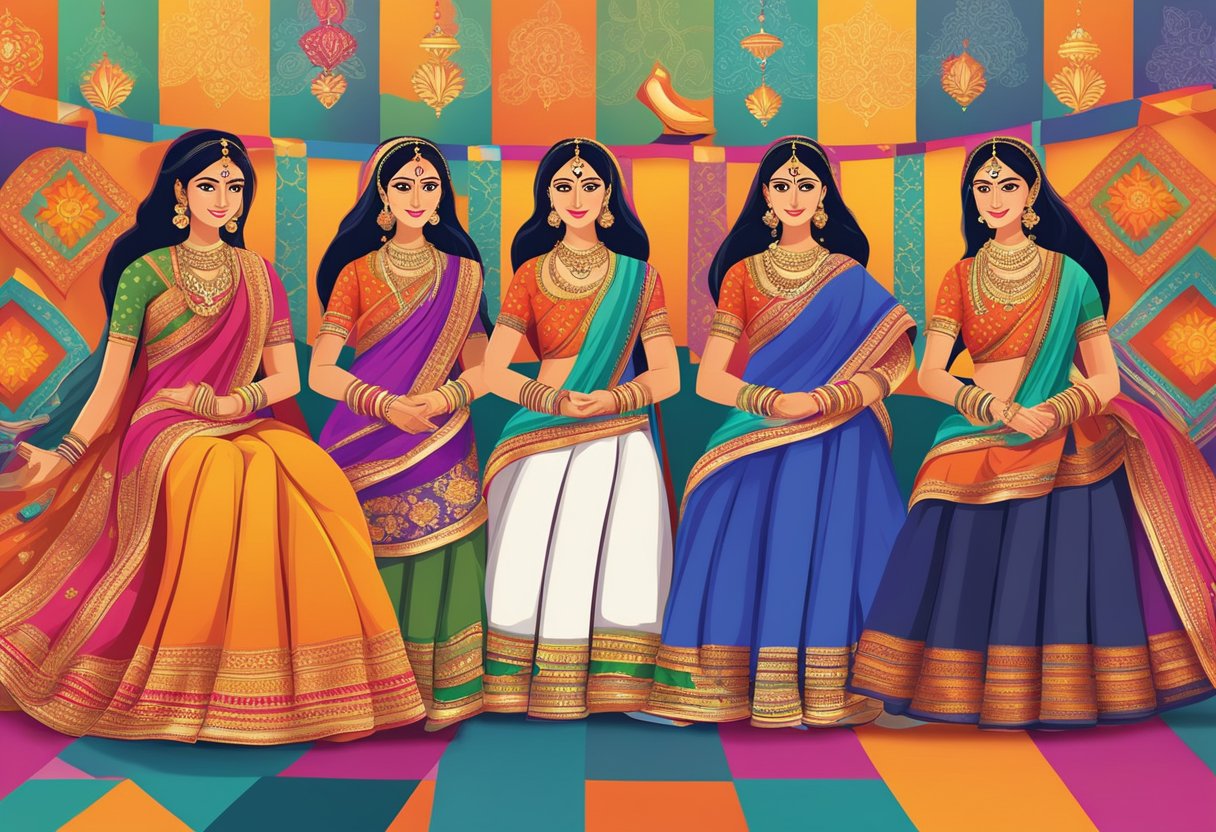 Vibrant Navratri sarees displayed on a colorful backdrop with traditional motifs and embellishments