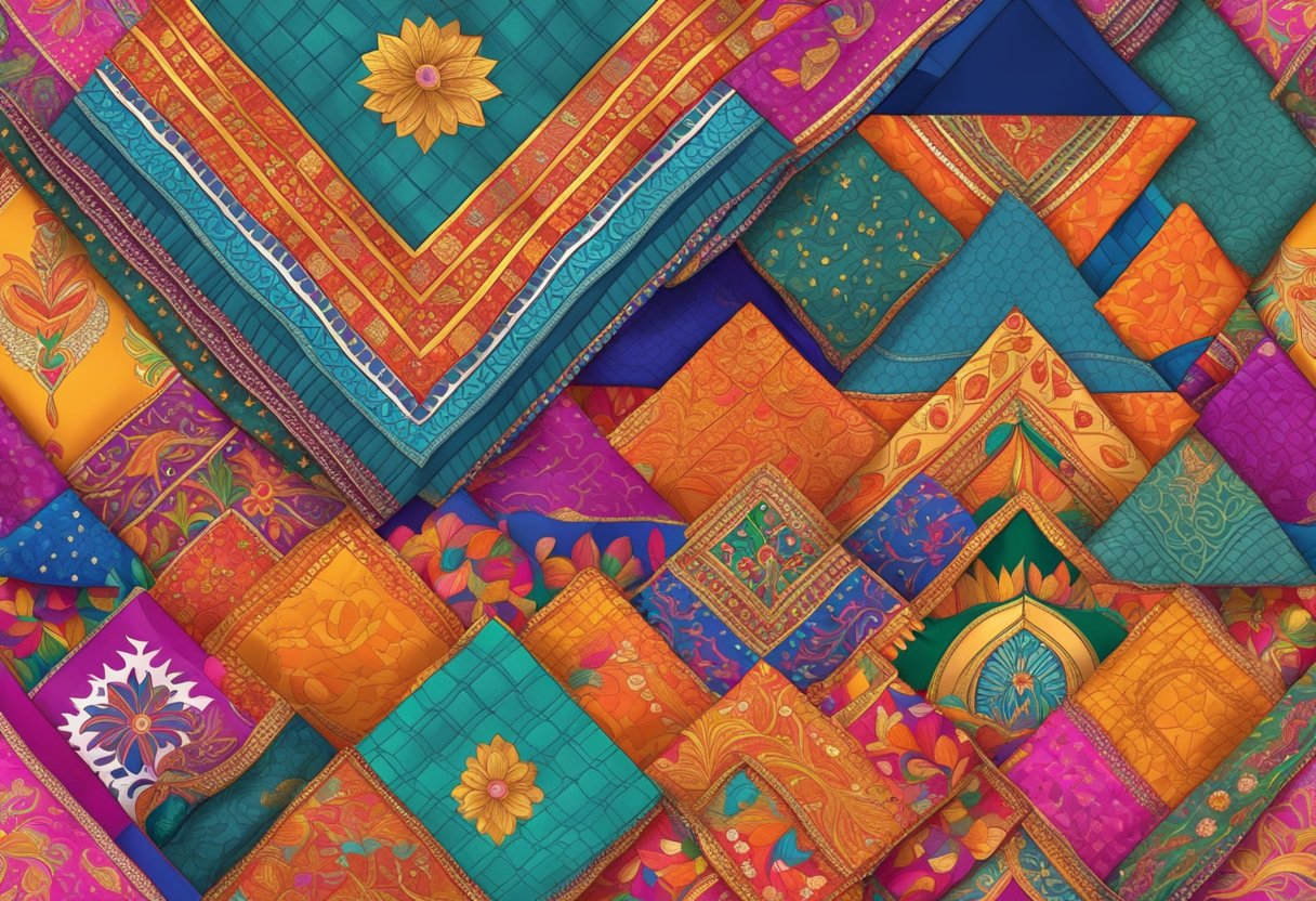 A vibrant pile of Navratri saree materials, showcasing intricate workmanship and colorful patterns