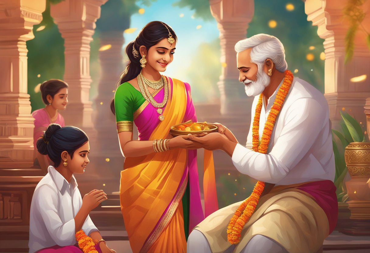 A young girl in a vibrant half saree receives blessings from elders, surrounded by traditional decor and festive atmosphere