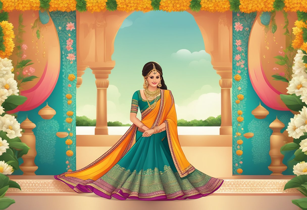 Colorful half saree displayed with traditional motifs, flowers, and ornaments in a festive setting