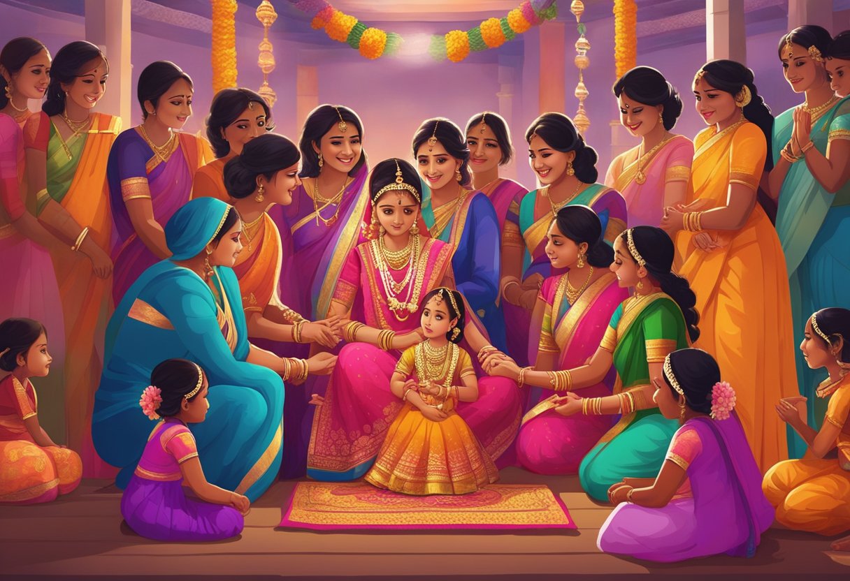 A group of women gather around a young girl as she receives blessings and gifts during her half saree ceremony, surrounded by vibrant colors and traditional decorations