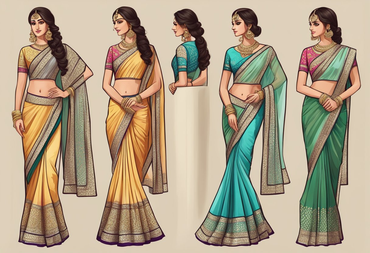 A modern lehenga-style saree draped with diverse techniques