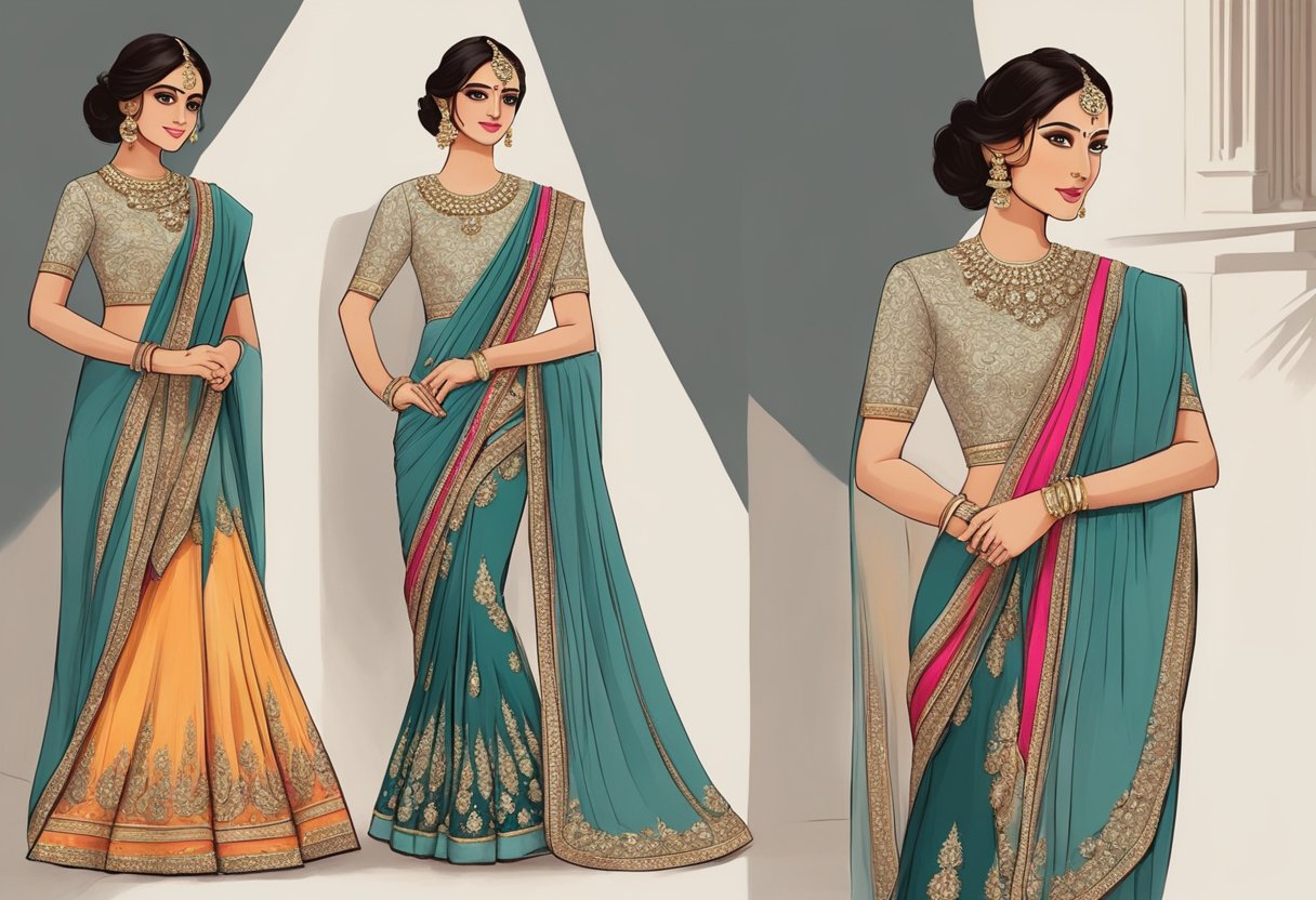 A modern lehenga style saree draping with intricate pleats and a sleek, tailored silhouette. Rich, vibrant colors and luxurious fabrics add an elegant touch to the occasion